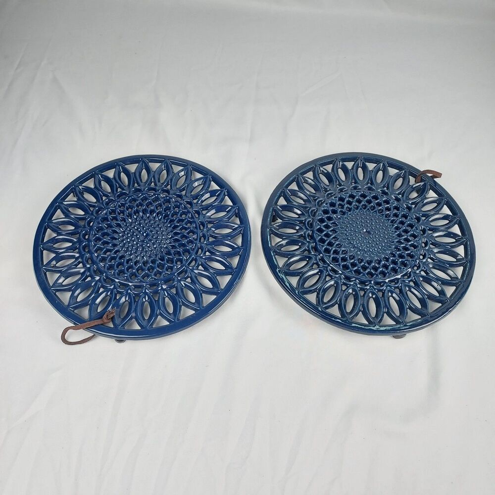 Cast Iron Enamel Coated Trivets Set of 2 Navy Sunflower Pierced 8in With Feet